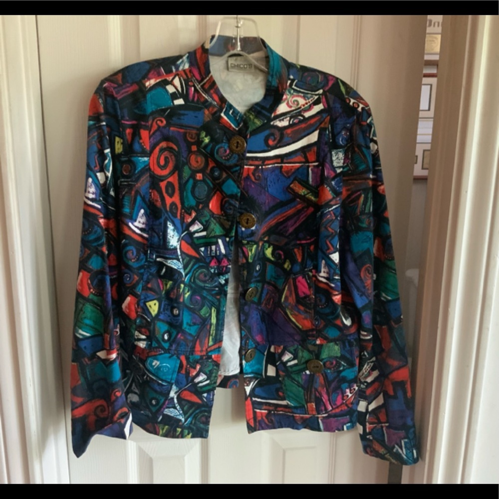 Chico’s Colorful Geometric Print Button Front Jacket Sz 1